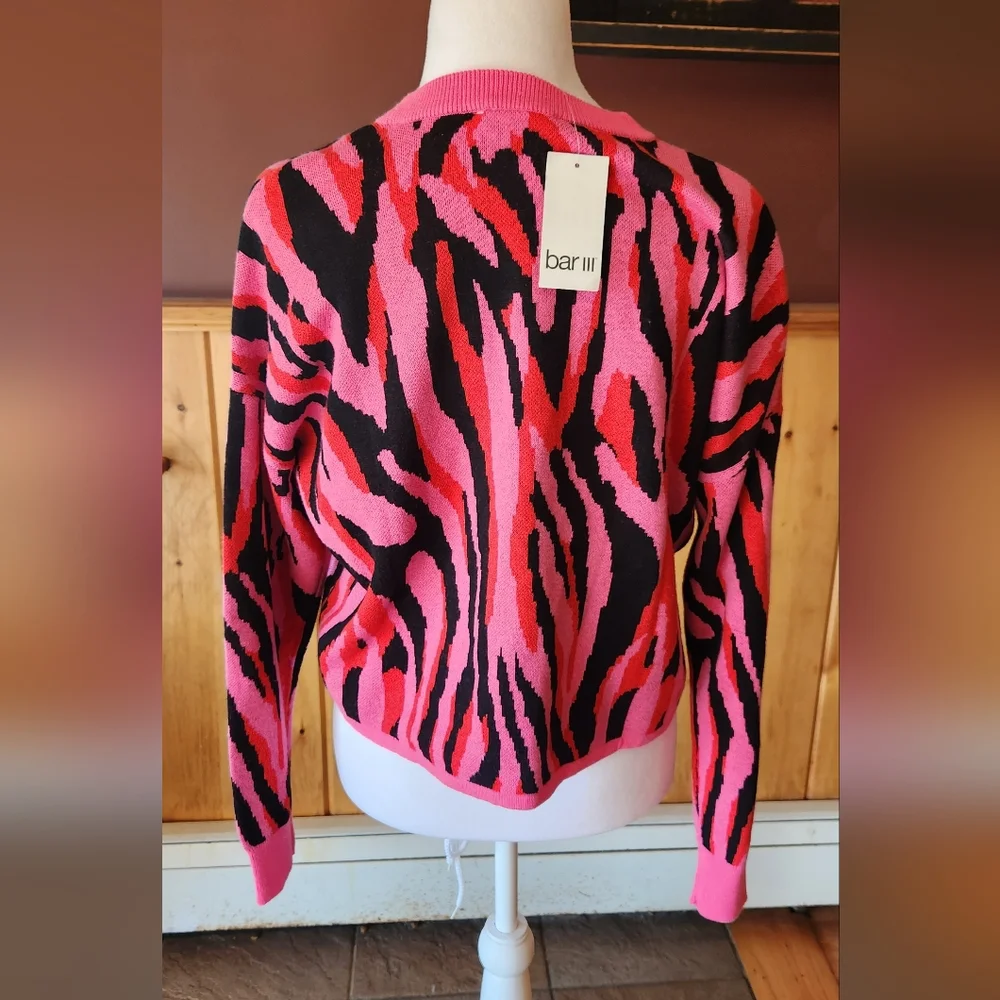 Bar III Pullover Sweater Zebra Twist Red Pink and Black Size Small